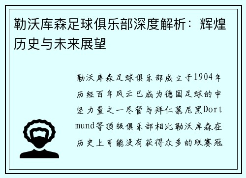 勒沃库森足球俱乐部深度解析：辉煌历史与未来展望
