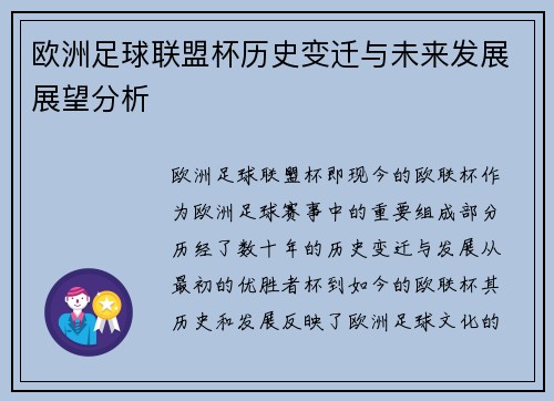 欧洲足球联盟杯历史变迁与未来发展展望分析