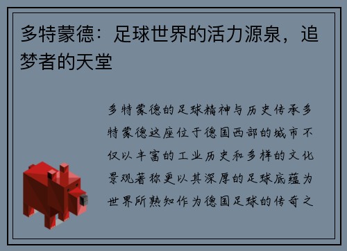 多特蒙德：足球世界的活力源泉，追梦者的天堂