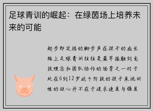 足球青训的崛起：在绿茵场上培养未来的可能