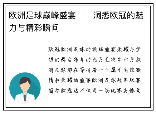 欧洲足球巅峰盛宴——洞悉欧冠的魅力与精彩瞬间